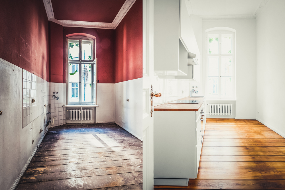 renovation concept -kitchen room before and after refurbishment or restoration -